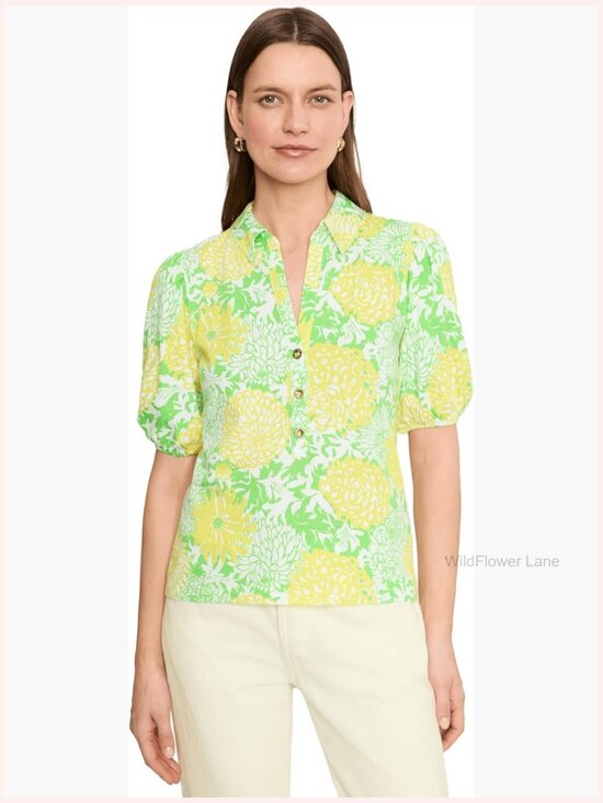 Tops - Cotton Knit Blouse with Collar and Short Puffed Sleeves